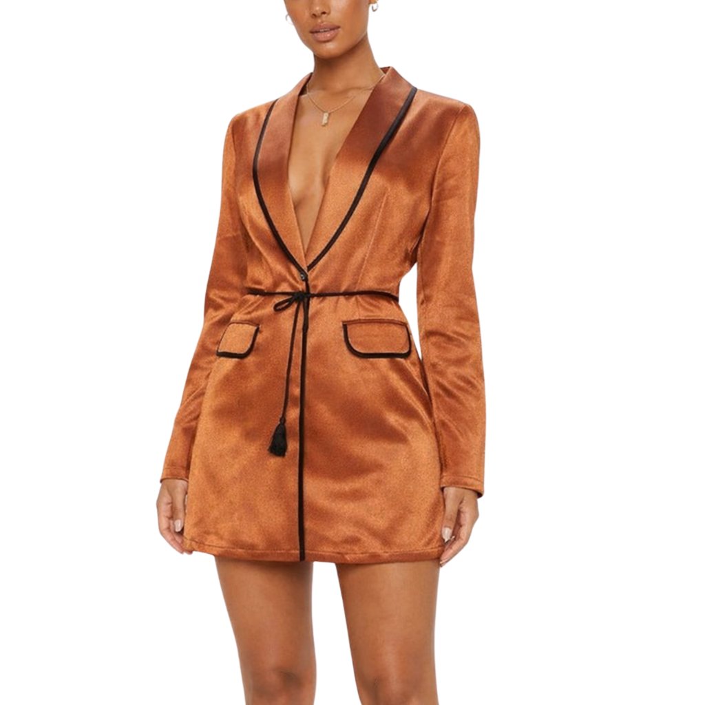 Prettylittlething Rust Satin Blazer Dress Rope Belt Contrast Piping Us 8